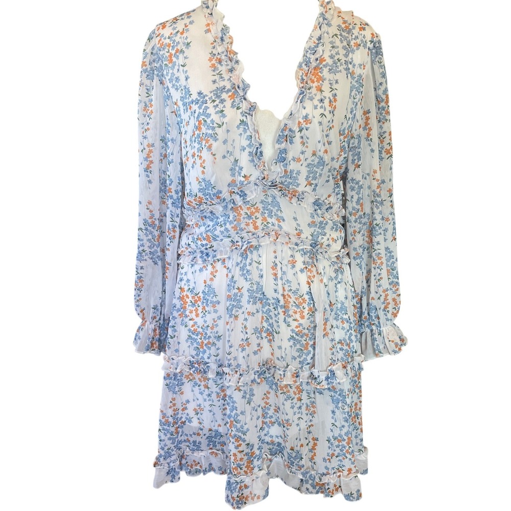 Y2K‎ Coquette Babydoll Sheer Floral Ruffle Tiered Open Back Mini Dress Size M